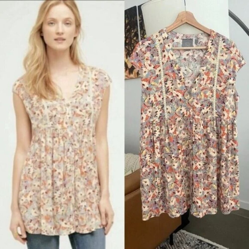 Vanessa Virginia Anthropologie Multicolor Floral Babydoll Swing Tunic Top Size L